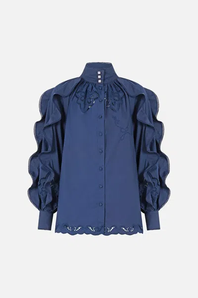 Camilla Relaxed Blouse With Frill Sleeve Detail - Navy A Tiled Wonderland In Blue