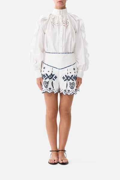 Camilla Relaxed Blouse With Frill Sleeve Detail - White A Tiled Wonderland