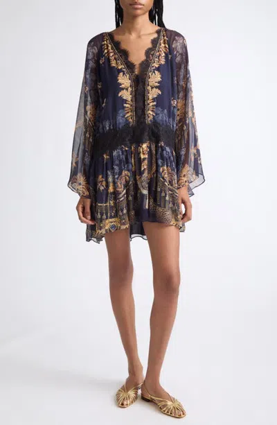 Camilla Relaxed Lace Trim Silk Minidress In Multi