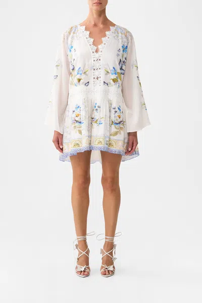 Camilla Relaxed Short Dress With Dropped Waist Botanical Ballads In White