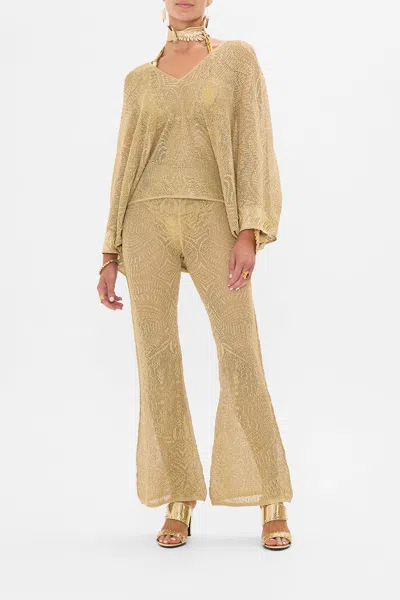 Camilla Relaxed V Neck Knit Pointelle Top Valley Of The Kings In Brown
