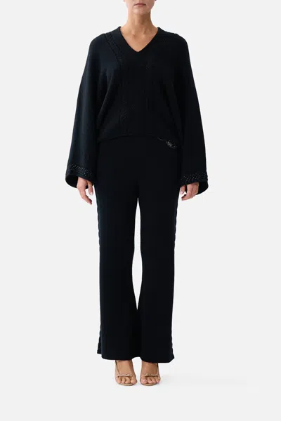 Camilla Relaxed V Neck Knit Top Night Garden In Black