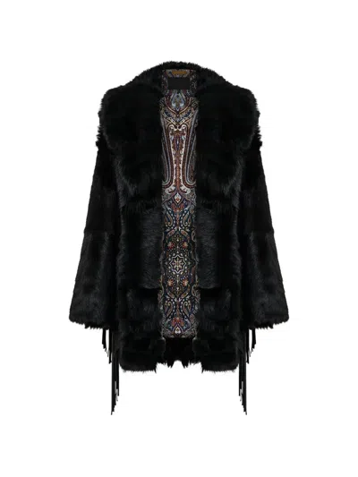 Camilla Removable Fringing Shearling Coat In Black