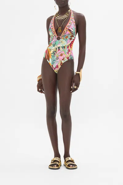 Camilla Ring Detail Plunge V One Piece Giza Goddess In Multi