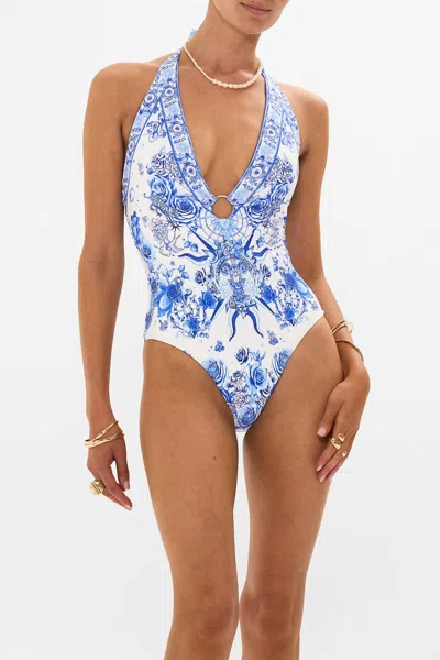 Camilla Ring Detail Plunge V One Piece In Immortal Ink In Gold