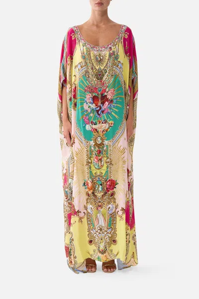 Camilla Round Neck Kaftan Painted Prayers In Yellow