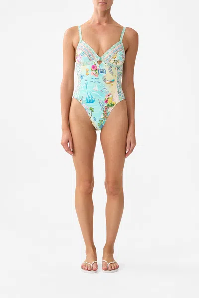Camilla Ruched Panelled Triangle One Piece With Knot Front Just Coasting In Blue