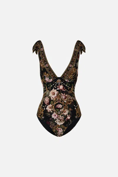 Camilla Ruched Tri - Tie Shoulder One Piece Dynasty Daze In Black