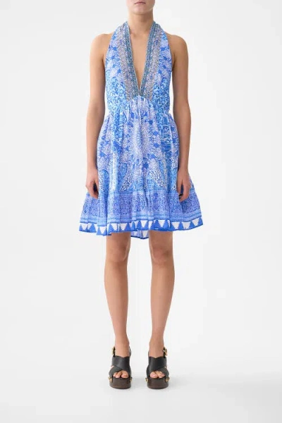 Camilla Ruffle Hem Halter Short Dress In Blue