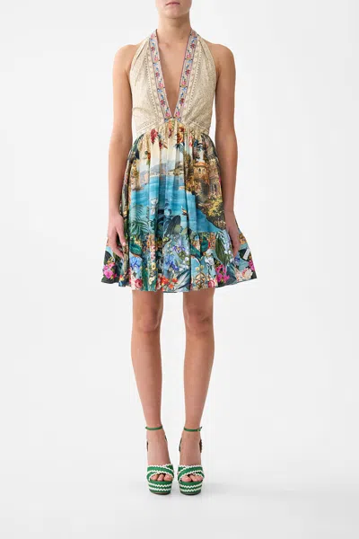 Camilla Ruffle Hem Halter Short Dress Bodrum Botanicals In Multi