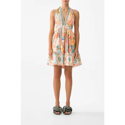 Camilla Ruffle Hem Halter Short Dress In Multi