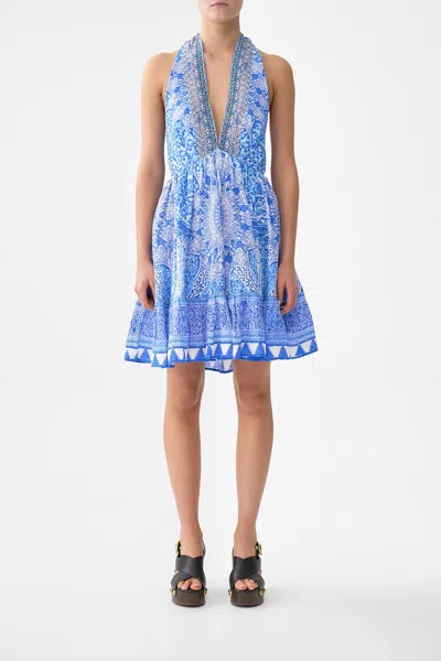 Camilla Ruffle Hem Halter Short Dress The Bosphorous In Blue