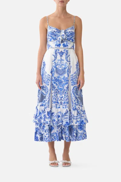 Camilla Ruffle Hem Tie Front Midi Dress Ceramic Panoramic In White