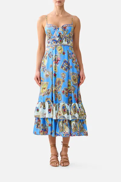 Camilla Ruffle Hem Tie Front Midi Dress Verses In Vintage In Blue