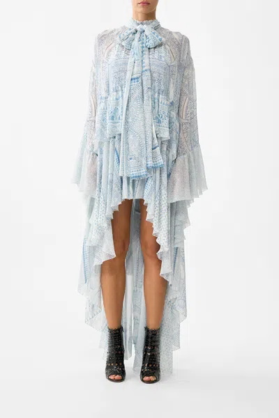 Camilla Ruffle High Low Dress With Long Sleeve The Hum Of The Alhambra In Blue