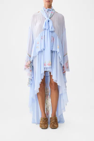Camilla Ruffle High Low Dress With Long Sleeve Tiled In Time In Blue