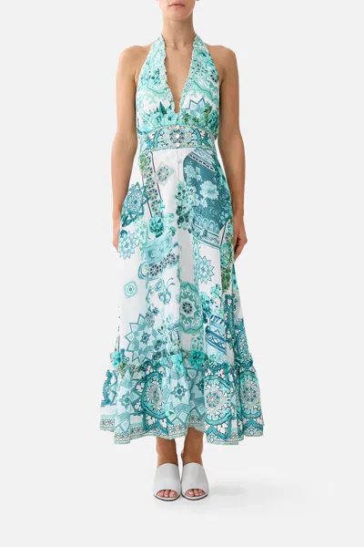 Camilla Embellished Ruffled Halterneck Linen Midi Dress In Blue