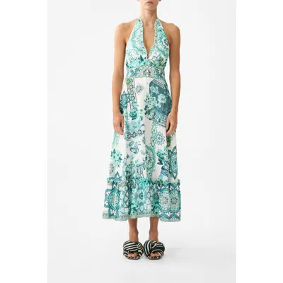 Camilla Embellished Ruffled Halterneck Linen Midi Dress In Blue