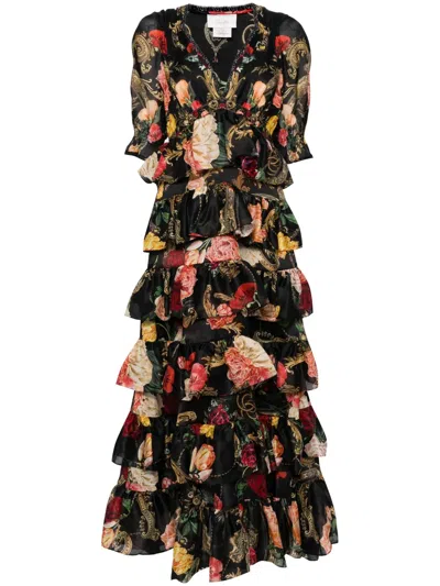 Camilla Ruffled Floral-print Dress In Black