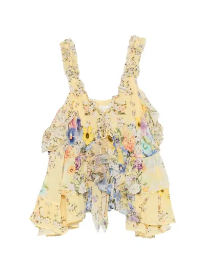 Camilla Ruffled Floral Top In Yellow
