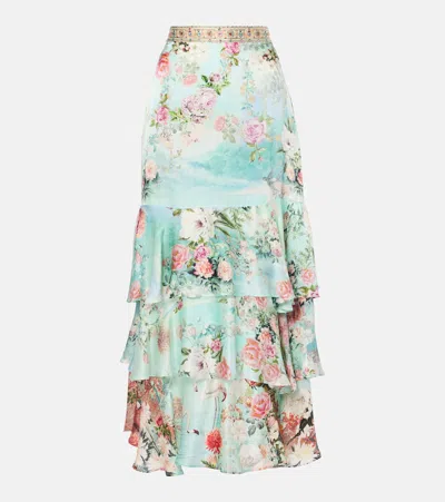 Camilla Ruffled Crystal-embellished Floral-print Silk-satin Maxi Skirt In Green