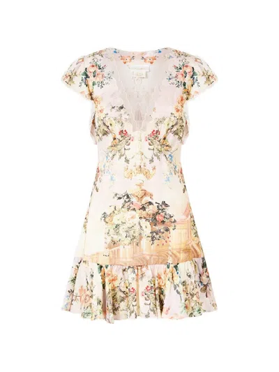 Camilla Ruffle-sleeve Floral-print Mini Dress In Neutral