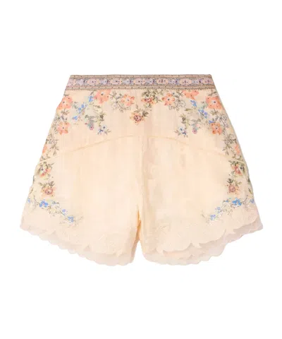 Camilla Crystal-embellished Tulle-trimmed Embroidered Floral-print Satin-jacquard Shorts In Neutral