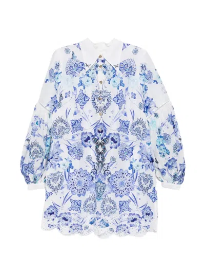 Camilla Scallop-trim Floral-print Mini Dress In Blue