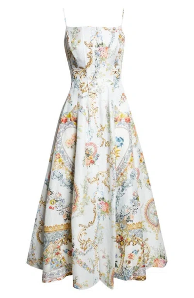 Camilla Seville Sweetheart Corset Linen & Silk Twill Fit & Flare Dress In Multi