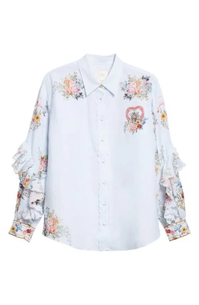 Camilla Seville Sweetheart Frill Detail Linen Button-up Shirt In Blue