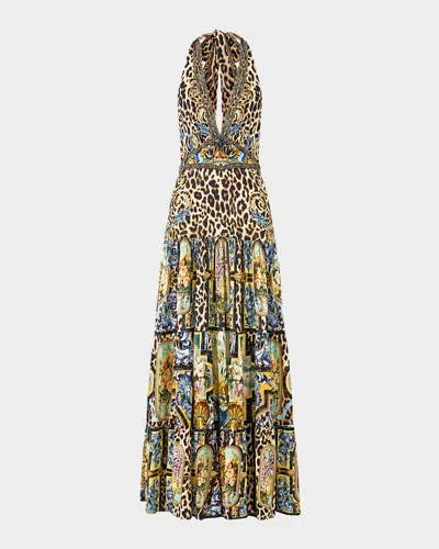 Camilla Halter Jersey Dress With Tiered Skirt Sevillian Style In Multi