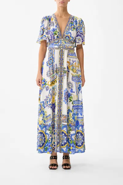 Camilla Espana Nirvana Shaped Waistband Dress With Flutter Sleeves In Multi