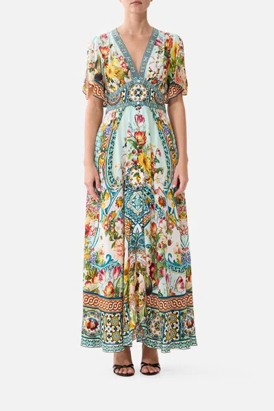 Camilla Shaped Waistband Dress With Flutter Sleeves Magic Of The Mercado In Multi