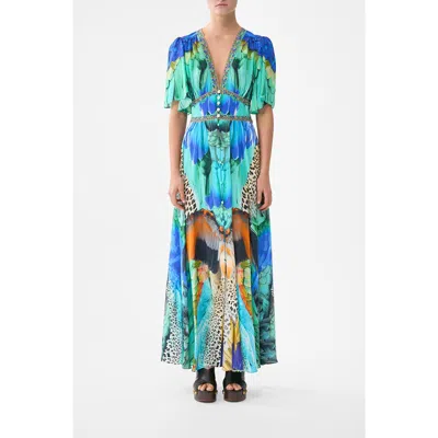 Camilla Shaped Waistband Dress With Flutter Sleeves In Multi