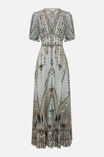 Camilla Shaped Waistband Dress With Flutter Sleeves Sahara Starlet In Gray
