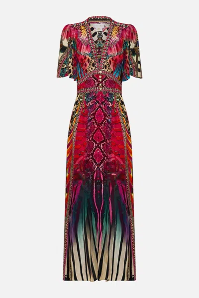 Camilla Shaped Waistband Dress With Flutter Sleeves Sahara Supernatural In Multi