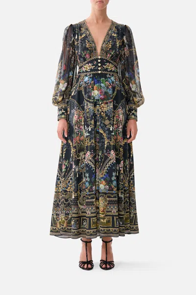 Camilla Shaped Waistband Dress With Gathered Sleeves Night Garden In Multi