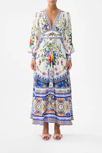 Camilla Shaped Waistband Dress With Gathered Sleeves Tiles Darls In Multi