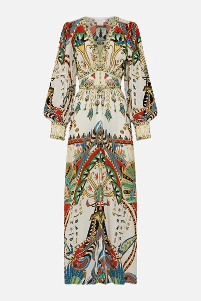 Camilla Shaped Waistband Dress With Gathered Sleeves Valley Of The Queens In Neutrals