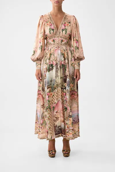 Camilla Shaped Waistband Dress With Gathered Sleeves Watercolour Wonderland In Multi