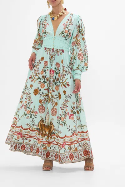 Camilla Shaped Waistband Dress With Gathered Sleeves Weaving Worlds In Blue