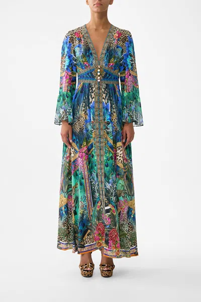 Camilla Shaped Waistband Dress With Ruffle Sleeve Animal Alchemy In Multi