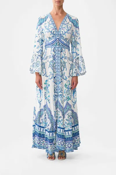 Camilla Shaped Waistband Dress With Ruffle Sleeve In Isnik Lullaby In Blue