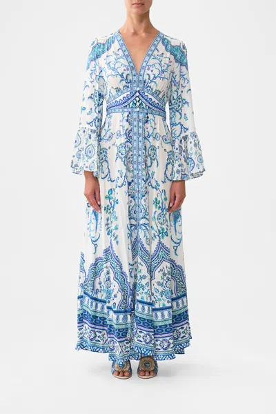 Camilla Shaped Waistband Dress With Ruffle Sleeve Isnik Lullaby In Blue