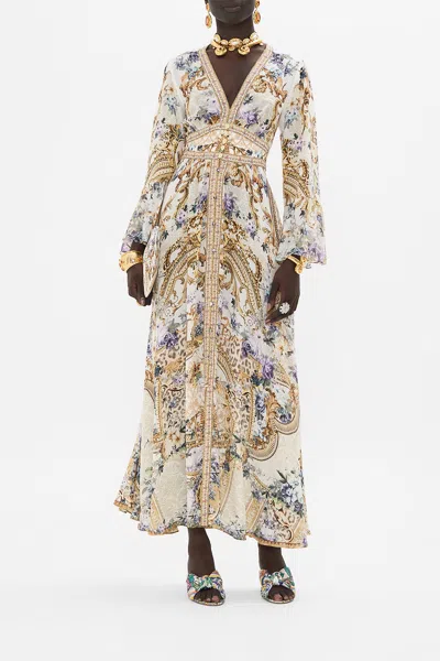 Camilla Shaped Waistband Dress With Ruffle Sleeve Palazzo Play Date In Brown/gold/white