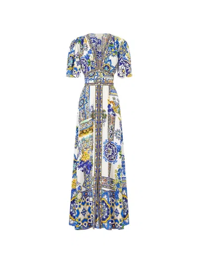 Camilla Shaped-waistband Flutter-sleeve Dress In White