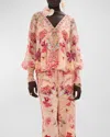 Camilla Shirred-cuff Floral Silk Blouse In Blossoms And Brushstrokes