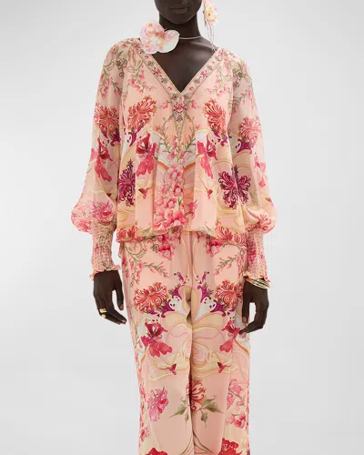 Camilla Shirred-cuff Floral Silk Blouse In Blossoms And Brushstrokes
