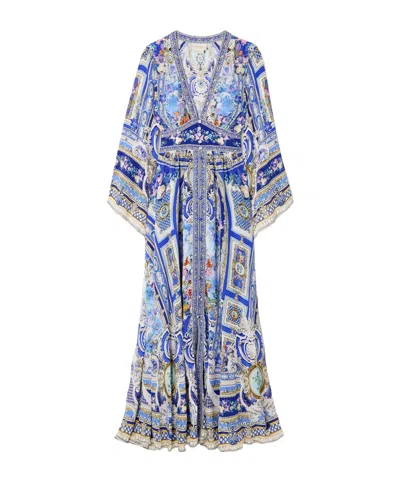 Camilla Crystal-embellished Shirred Printed Silk-chiffon Maxi Dress In Blue