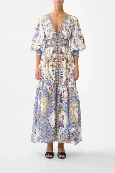 Camilla Shirred Waistband Long Dress In Blue
